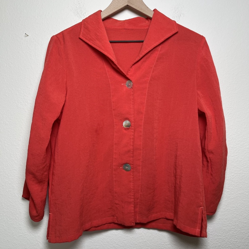Fridaze Women 100% Linen Tunic Top XS Red Long Sleeve Lagenlook Coastal Minimal